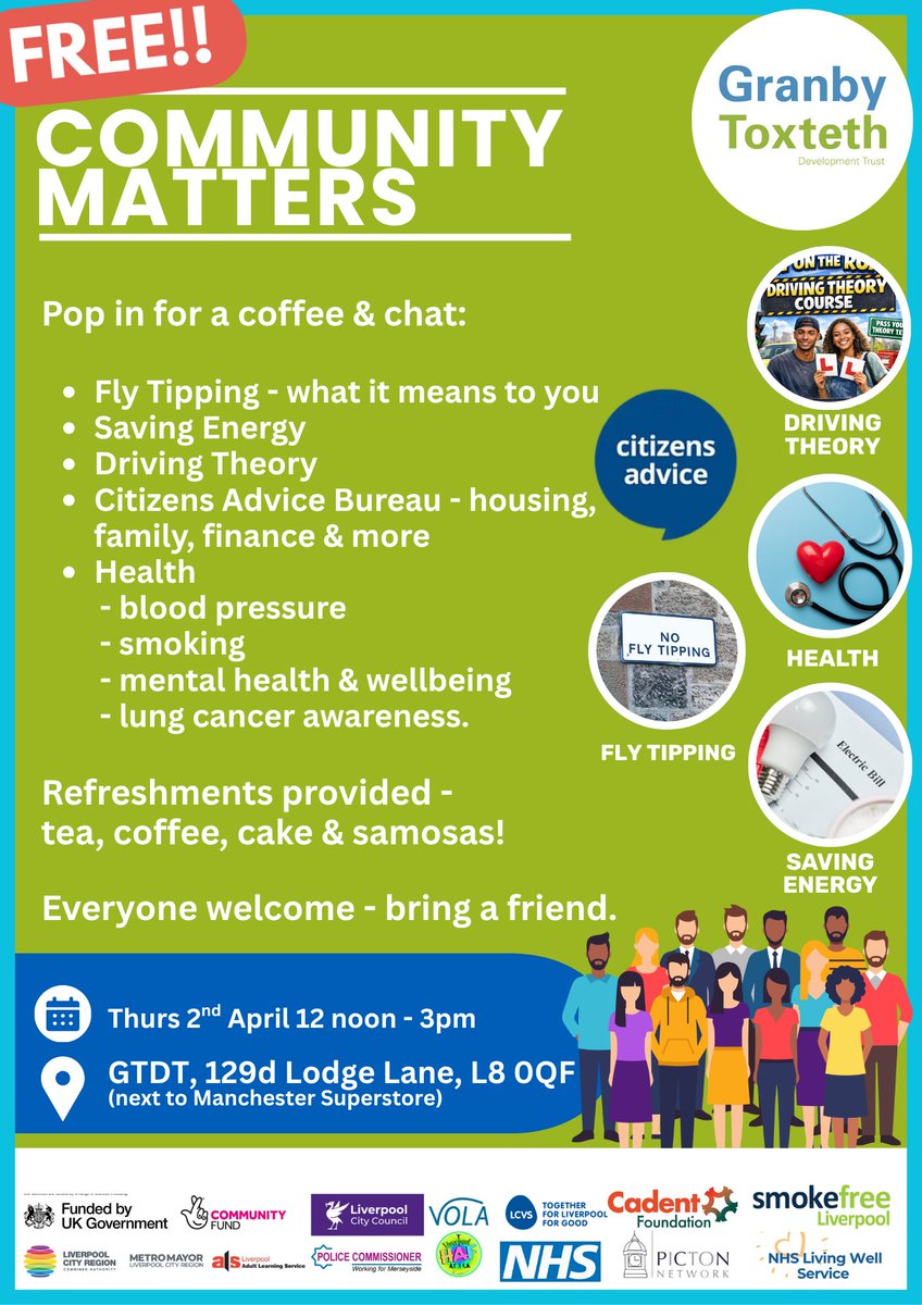 GTDT_Liverpool's tweet photo. 🌟 Community Matters Drop‑In🌟

📌This Thurs 2 April 
📌12 noon – 3pm  
📌Lots of advice on lots of subjects.

Pop in to enjoy a chat and freshly baked samosa.  

#communitysupport #drivingtheory #savingenergy #SwapToStop #healthchecks
@SFree_Liverpool @CadentFund @CALiverpool_
@LiverpoolCVS