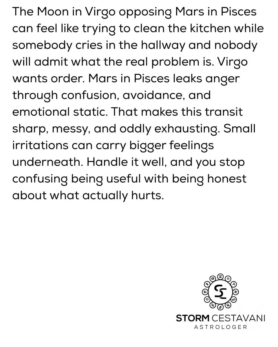 StormCestavani's tweet image. Tomorrow’s Moon opposing Mars can turn small annoyances into emotional landmines. Say less, notice more, and tell me in the comments where you think this transit will hit hardest for you.  #astrology #horoscopes #AriesSeason