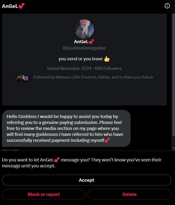 GoddessMirah22's tweet photo. 🚨FAKE DOMME ALERT!!!🚨~YES! Another one!
A few dommes messaged me about her. Low and behold she showed up in my DMs. She is more fake than a 3 dollar bill. This is a total SCAM!! New dommes, don't fall for this BS. Just block!! Notice her/him replies. Dead give away!! https://t.co/RUayaF9q0C