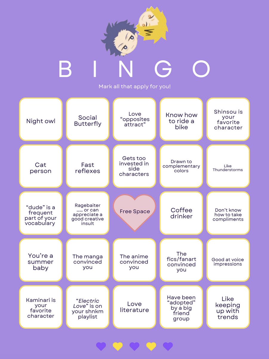 #shinkami #kamishin

90 days until the event week! Thanks for keeping up with these updates. 💜💛

Just for fun, we made a shnkm bingo card! How many bingos do you get?