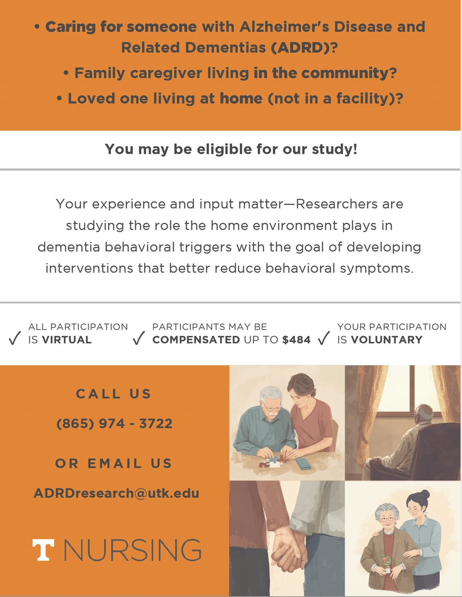 The University of Tennessee College of Nursing is conducting a research study focused on understanding how home environments influence behavioral and psychological symptoms in individuals living with Alzheimer’s disease and related dementias. See below for more info.