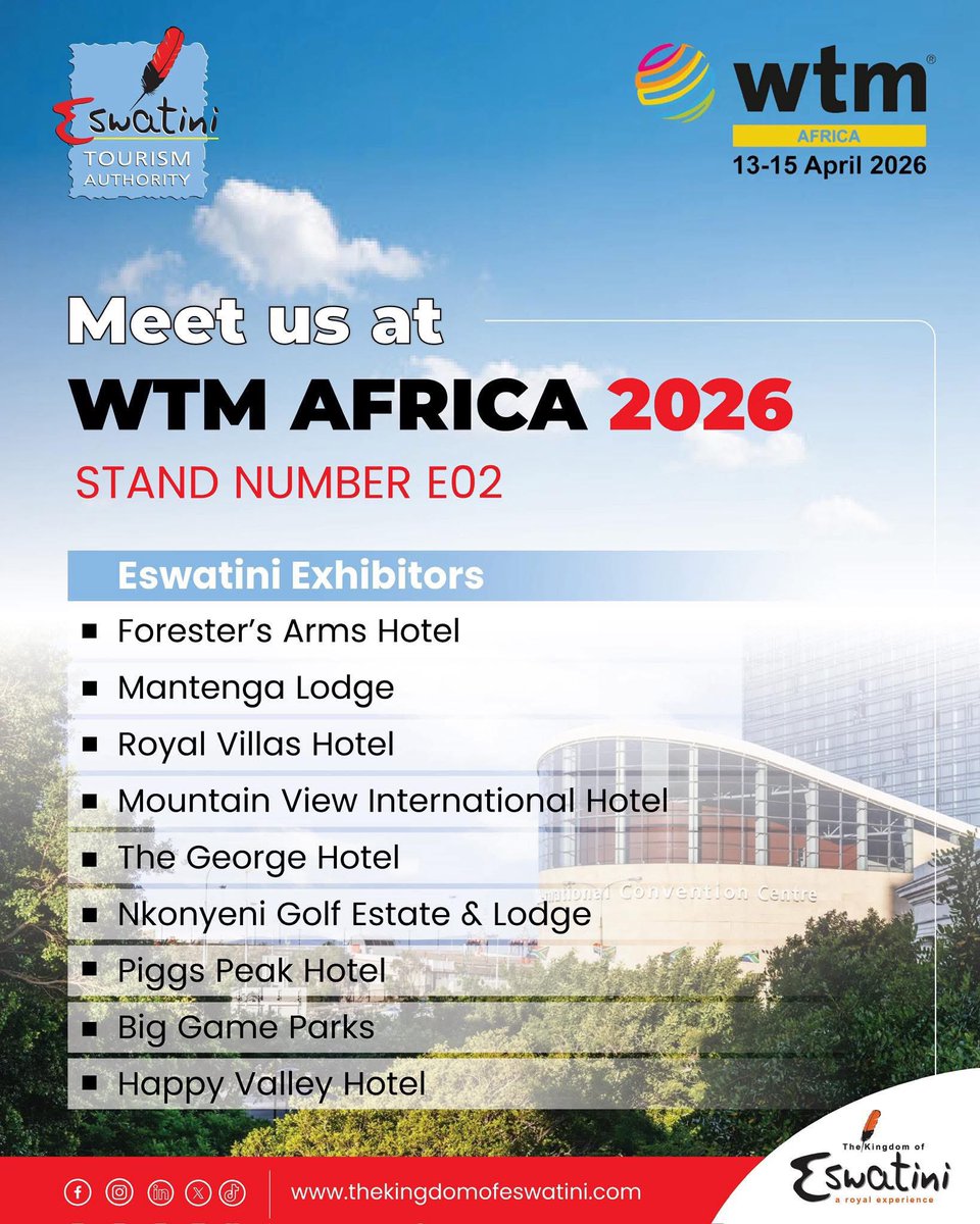 eswatinitourism's tweet photo. We are excited to be part of the amazing energy at WTM Africa 2026 stand Number E02.
Itโs all about connections made in the floor, see you soon ๐ธ๐ฟ
#EswatiniTourism #WTMAfrica2026 #AfricaTravelWeek #EswatiniHasMore #ExploreEswatini #VakashaEswatini #VisitEswatini https://t.co/uAO3i1lwGQ