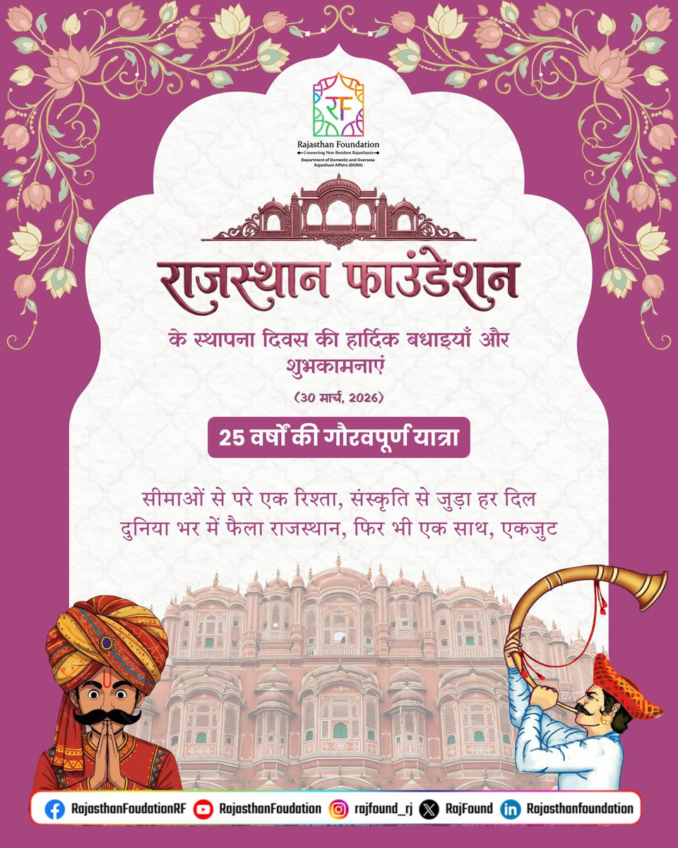 RajFound's tweet photo. राजस्थान फाउंडेशन के स्थापना दिवस की हार्दिक बधाई एवं शुभकामनाएँ।
25 वर्षों की गौरवपूर्ण यात्रा
सीमाओं से परे एक रिश्ता, संस्कृति से जुड़ा हर दिल,
दुनिया भर में फैला राजस्थान, फिर भी एक साथ, एकजुट।
#RajasthanFoundation #25YearsOfLegacy #EkJutRajasthan #CulturalRoots #Rajasthan https://t.co/MoM2fFUwTP
