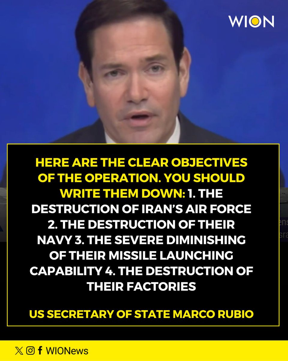 WIONews's tweet image. US Secretary of State Marco Rubio outlines operation goals: destroy Iran’s air force, navy, missile capabilities and weapons factories

#MarcoRubio #UnitedStates #IranWar