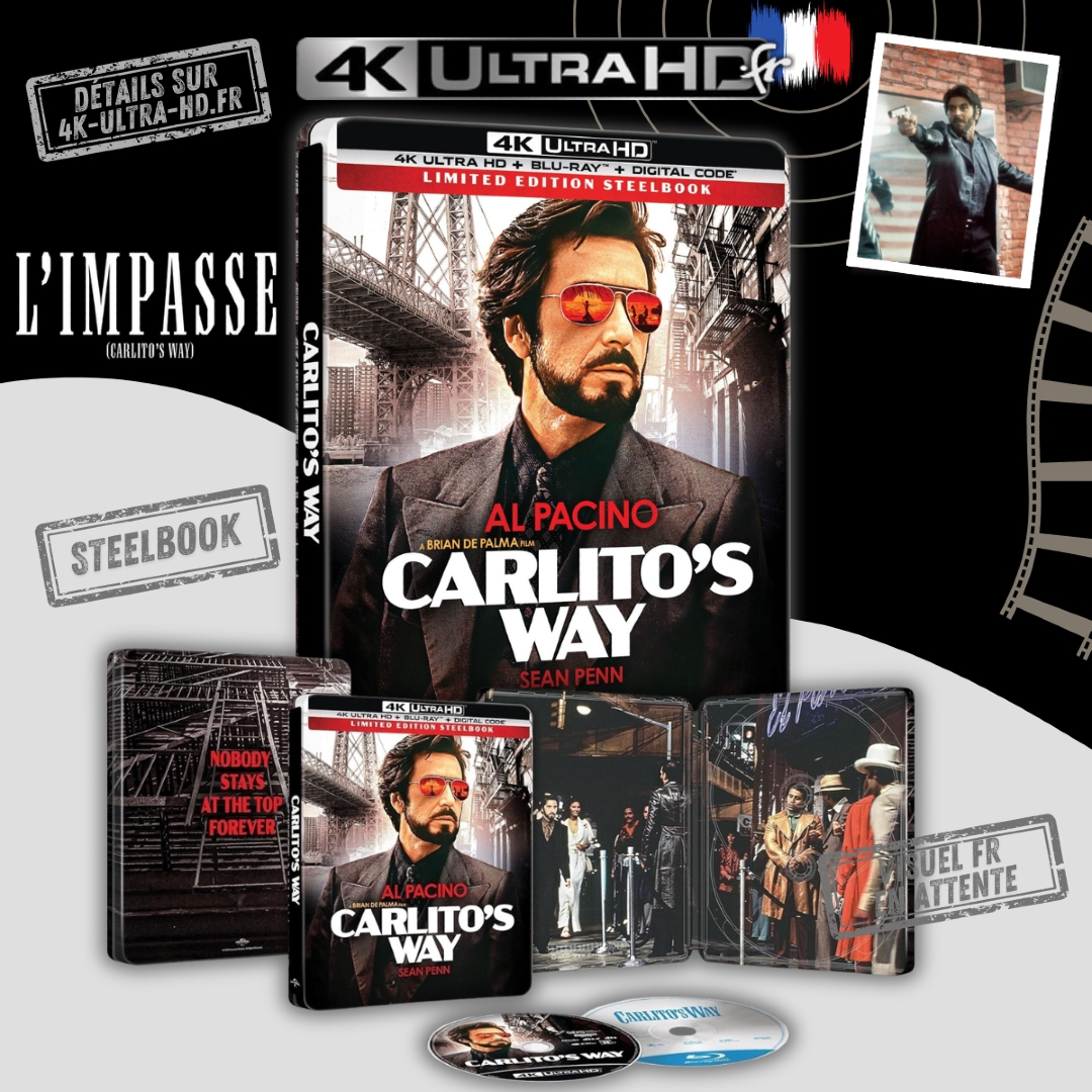 4KultrahdFR's tweet photo. 🟢 Précommande ouverte – « 𝗟'𝗜𝗠𝗣𝗔𝗦𝗦𝗘 (Carlito's Way) » 4K 🇫🇷
📀 Steelbook ➡ https://t.co/KX4b0l6Na6
📆 Sortie prévue : 10 Juin 2026
🎬 de #BrianDePalma avec #AlPacino
#steelbook #BluRay4K #4KUltraHD #4KultrahdFR https://t.co/Qqr0d97qhs