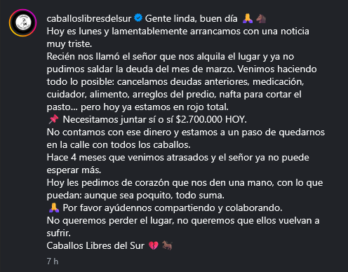 Buenas tardes gente quisiera pedirles que le den difusión a este caso 

Es una granja de rehabilitacion y rescate para caballos victimas de maltrato actualmente necesitan donaciones para poder seguir adelante con su trabajo y darle cuidado a los caballos instagram.com/caballoslibres…