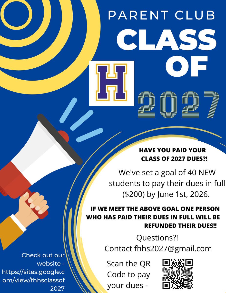 Fhhs2027's tweet photo. Still need to pay your parent club dues?! Now is a great time to get those done as we finish out junior year and get ready to be seniors. 

Click here to pay your dues - https://t.co/gye66f22SV https://t.co/MgFTU5TFwX