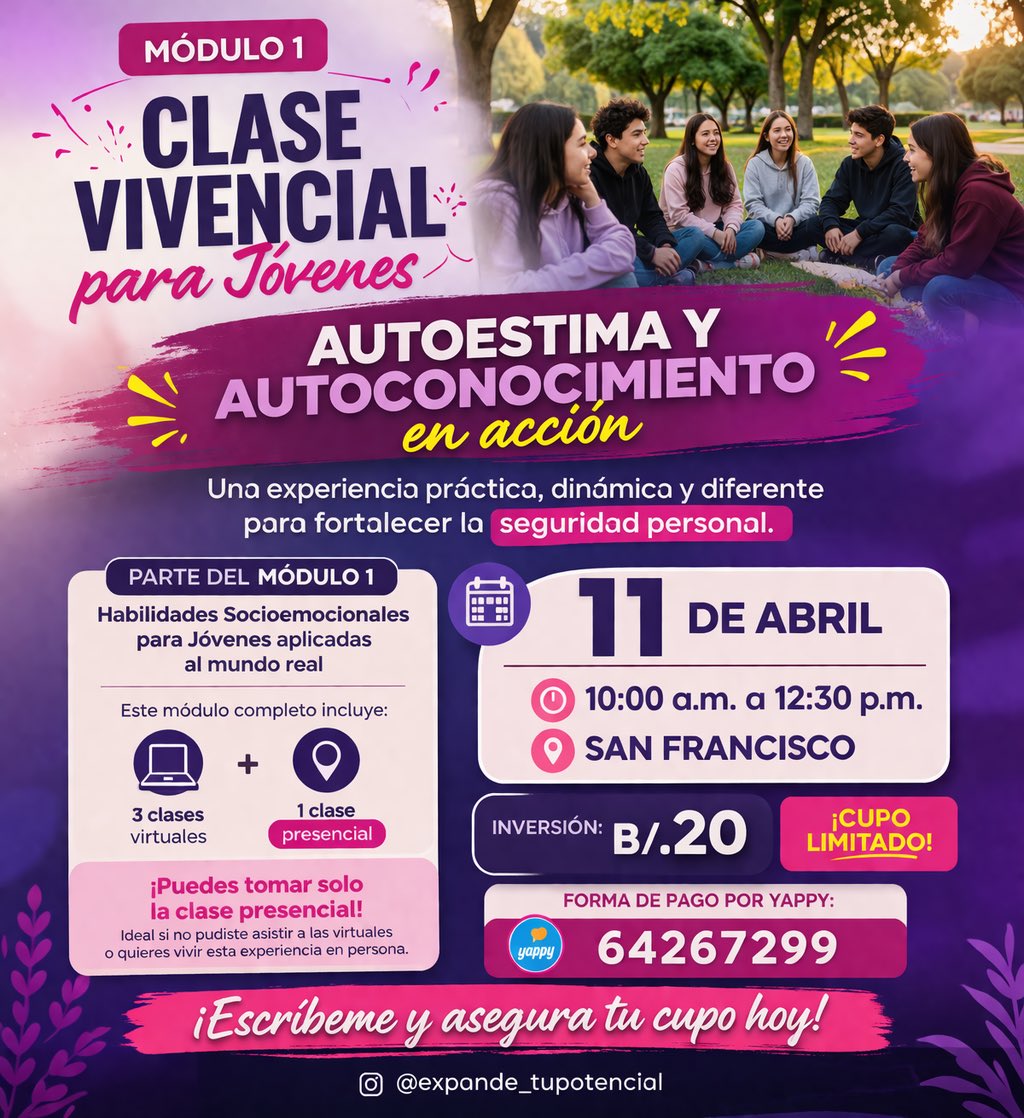 Taller presencial para jóvenes, sesión vivencial. 
Módulo 1 Autoestima y Autoconocimiento en acción.
Sábado 11 de abril de 10:00 am. A 12:30 pm.