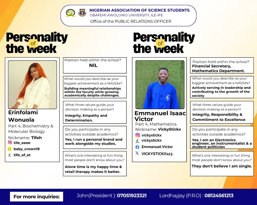 nass_oau's tweet photo. ✨ PERSONALITY OF THE WEEK

Through commitment to service, excellence and positive influence within our community, they have distinguished themselves as a figure worth celebrating.

We appreciate you😊

#PersonalityOfTheWeek #NASSOAU #ife https://t.co/wcdDuUMBKV