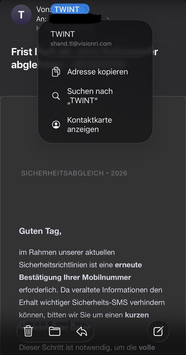 onlyKVN's tweet photo. Achtung, fällt nicht auf solche Twint-Mails rein. Das ist nicht Twint, das ist Spam! Einfach auf den Absender tippen, dann sieht man, dass die Absender-E-Mail unmöglich von Twint ist. https://t.co/pTxSwZvG2D