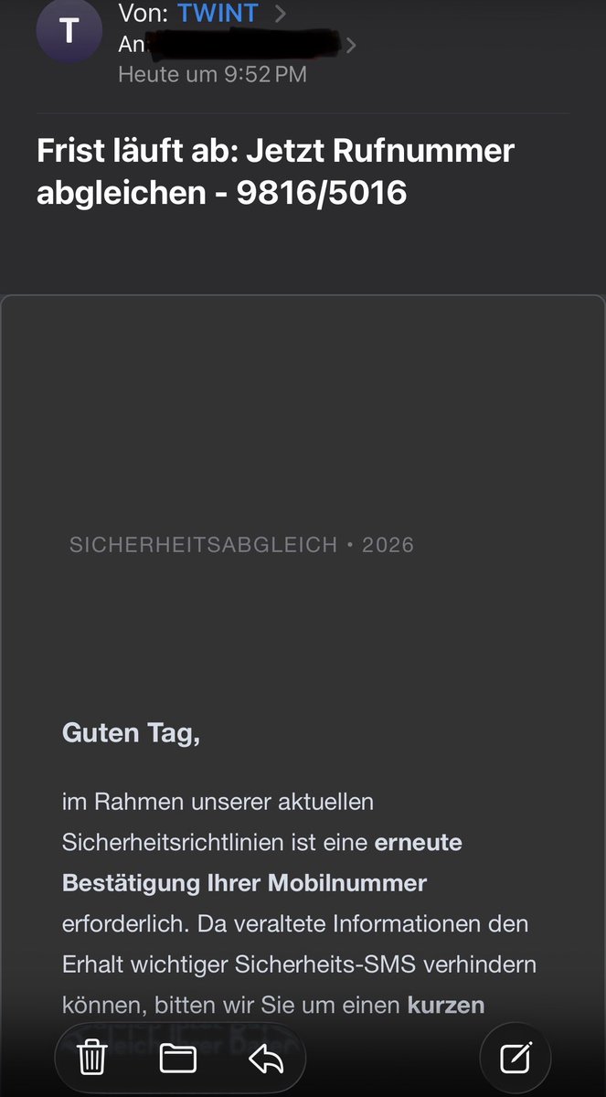 onlyKVN's tweet photo. Achtung, fällt nicht auf solche Twint-Mails rein. Das ist nicht Twint, das ist Spam! Einfach auf den Absender tippen, dann sieht man, dass die Absender-E-Mail unmöglich von Twint ist. https://t.co/pTxSwZvG2D