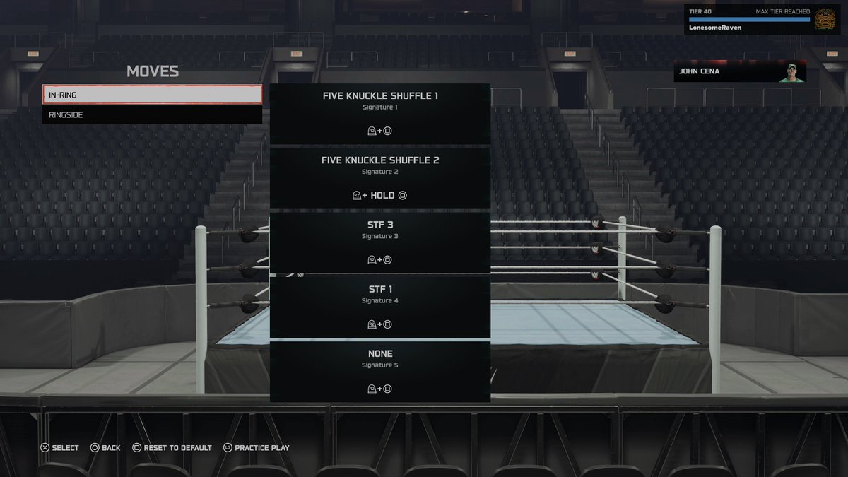 WBoyd31's tweet photo. @JustBryanNY Downloaded movesets still dont carry over to Universe. Doesn't matter  if it's alt attires or not. Punk has alt attires and you can see his movesets don't match. Cena has no alt attires and his sigs, in this example, don't match. https://t.co/j5ZGWMQuPd