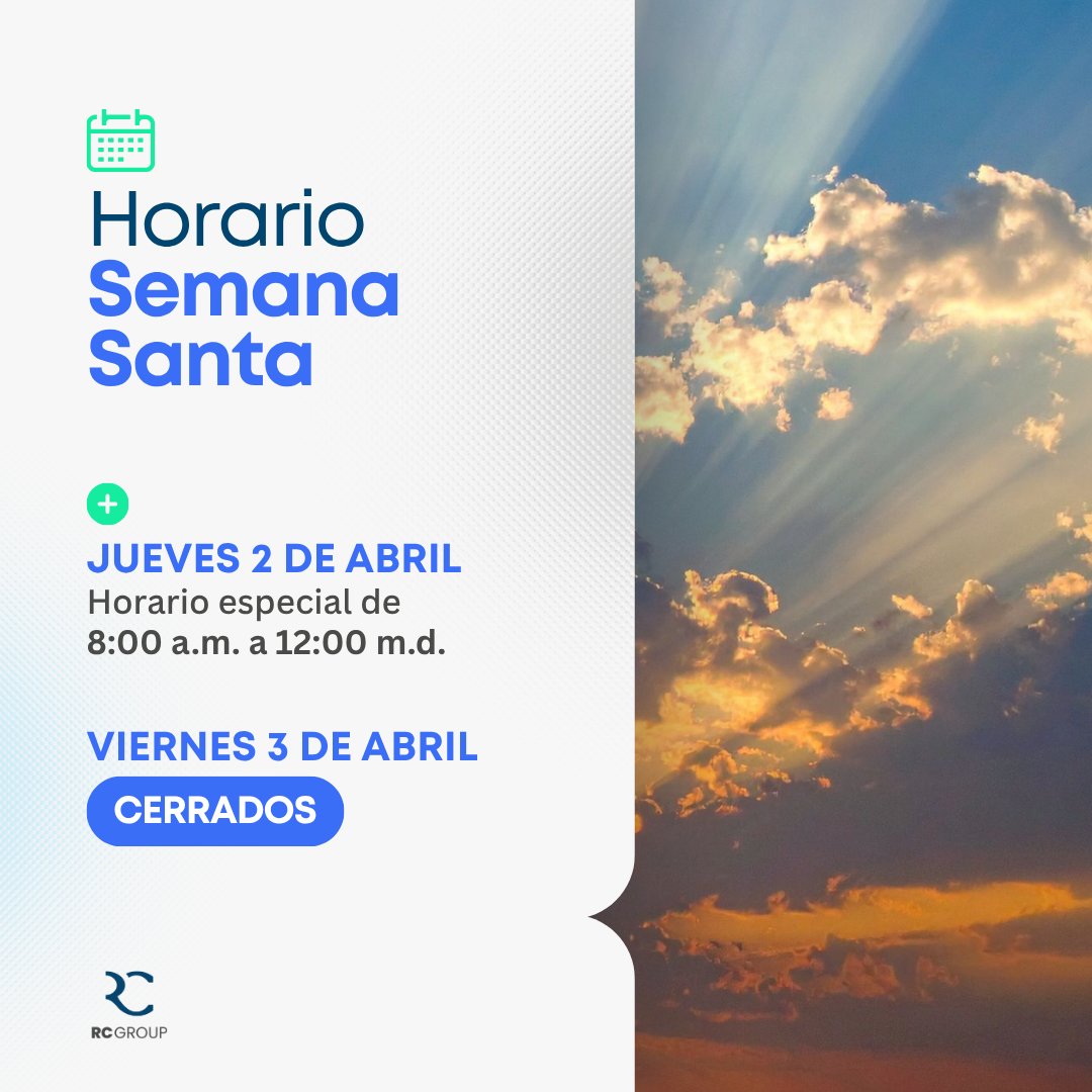 ⏰ Les comunicamos nuestro horario especial de 𝗦𝗲𝗺𝗮𝗻𝗮 𝗦𝗮𝗻𝘁𝗮:
- 𝗝𝘂𝗲𝘃𝗲𝘀 𝟮 𝗱𝗲 𝗮𝗯𝗿𝗶𝗹: horario de atención de 8:00 a.m. a 12 m.d.
- 𝗩𝗶𝗲𝗿𝗻𝗲𝘀 𝟯 𝗱𝗲 𝗮𝗯𝗿𝗶𝗹 estaremos 𝗰𝗲𝗿𝗿𝗮𝗱𝗼𝘀.

#RCGroup #HorarioSemanaSanta