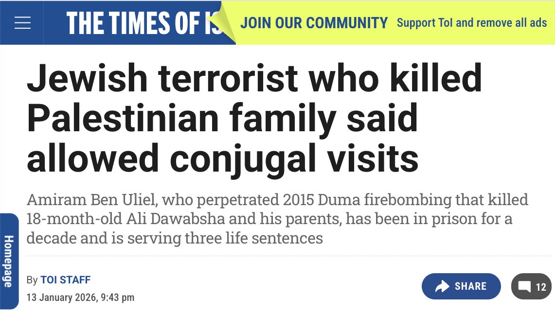 IhabHassane's tweet photo. Today, the Israeli Knesset passed a law mandating the death penalty exclusively for Palestinians.

Meanwhile, Israeli settler terrorist Amiram Ben Uliel, who burned the Dawabsheh family alive in the village of Duma--killing 18-month-old Ali and his parents--has been allowed conjugal visits in prison.

In this month alone, Israeli settler terrorists have killed seven Palestinian civilians; not only is no one facing the death penalty, they are not even being arrested.