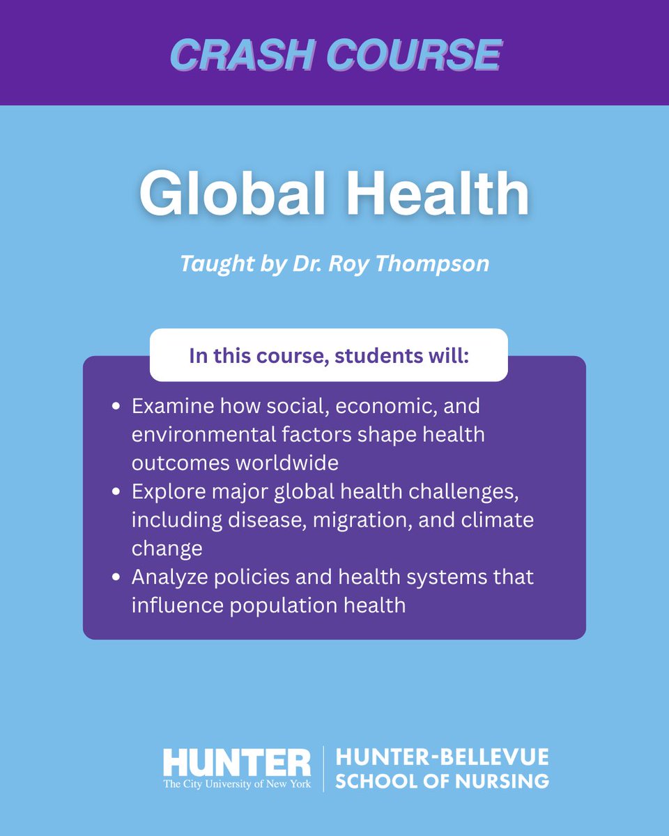 hunter_nursing's tweet photo. Learn about our Global Health Course 🌍, taught by Dr. Roy Thompson.

In this class, Lauder Fellows explore how global forces, from migration to climate change, shape health outcomes &amp; learn how nurse practitioners lead the way in delivering culturally responsive, equitable care. https://t.co/mhlQdslobL