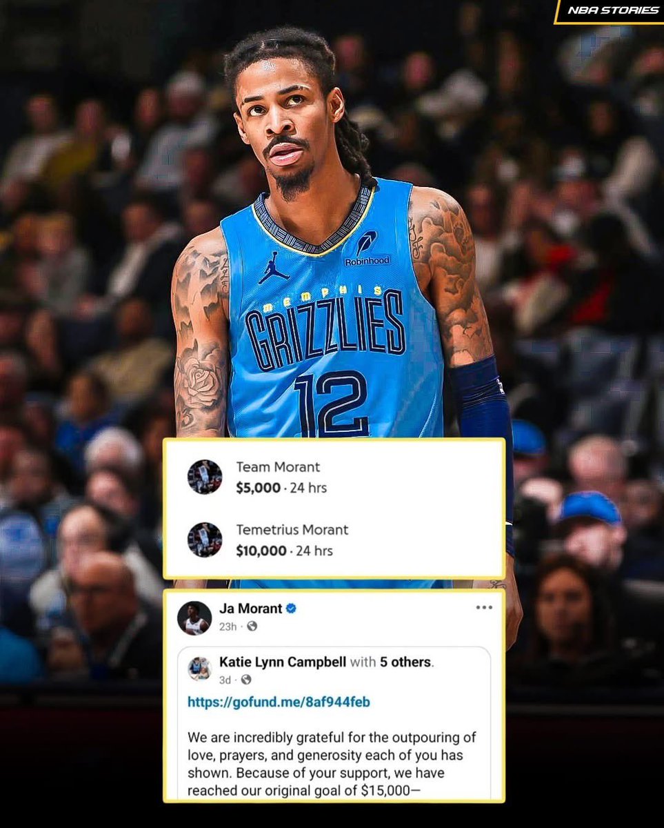 Hoopss's tweet photo. An 11-year-old boy was hit by a car and hospitalized, fighting for his life. The family turned to Facebook for help.

Ja Morant single-handedly covered the entire original fundraising goal, shared the post to bring more attention to it, and now the family has raised over $40,000. https://t.co/pmeO8WMUOc