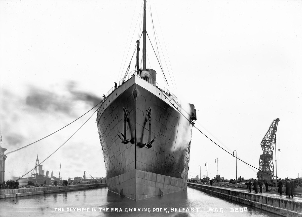 MeriaRmsTitanic's tweet image. 1st April 1911, the date on which Olympic (#Titanic's sister) "inaugurated" #Belfast's Thompson Graving Dock by entering it for the 1st time. It was here that her fitting out would continue, with the installation of propellers, painting of the hull, etc.