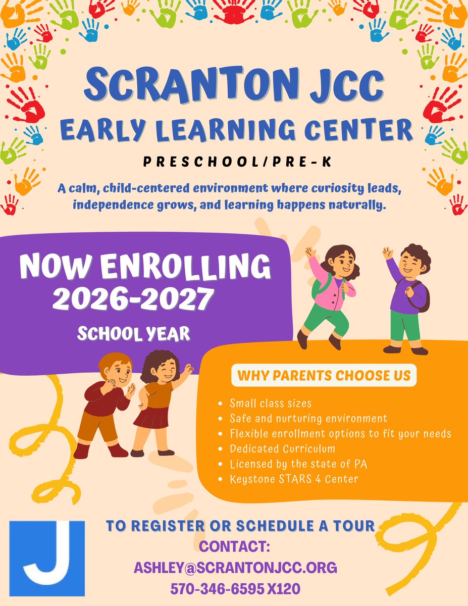 Registration is open for our Shalom Sprouts Summer 2026 programs and our 2026–2027 school year for Preschool/Pre-K  at the JCC Early Learning Center! 📷 For more info and a tour contact Ashley Woodruff at ashley@scrantonjcc.org or 570-346-6595 x120.