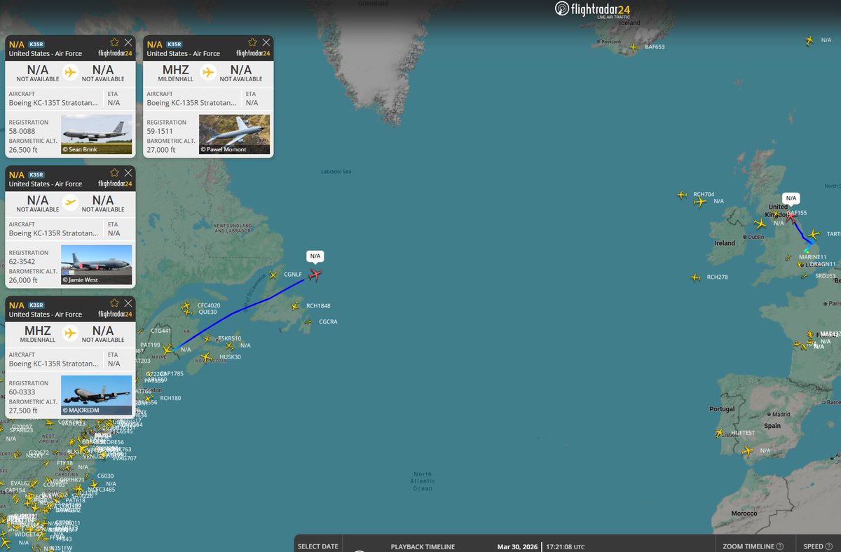 AUX_OSINT's tweet photo. 6x "FF" F-22A returning stateside. CLEAN Crew is up. CLEAN15-16 will pick up the last leg to Langley AFB (KLFI).
TABOR31-36 Tanker Support 6x KC-135R/T:
#AE0502 β 59-1511 β CLEAN11 (EGUN)
#AE0424 β 60-0333 β CLEAN12 (EGUN)
#AE0486 β 62-3542 β CLEAN13 (KBGR)
#AE04DF β 58-0088 β CLEAN14 (KBGR)
#AE07A6 β 59-1474 β CLEAN15 (KBGR)
#AE0382 β 58-0051 β CLEAN16 (KBGR)