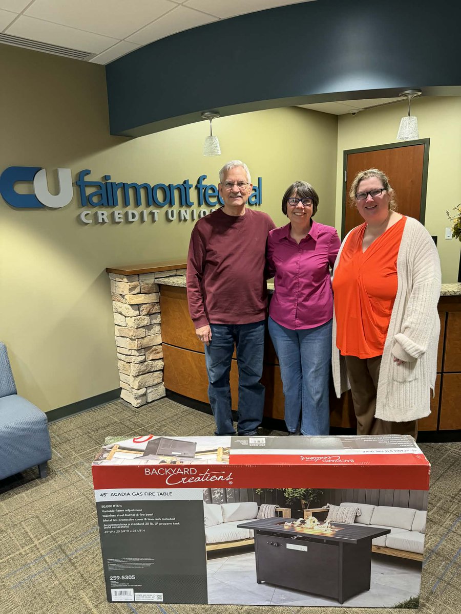 Congratulations to Darlene Martin on winning our door prize from the NCWVHBA's Morgantown Home Show! Darlene went home today with a brand new 45" Acadia Gas Fire Table!

We will see you next year! 🏠

#WeAreFFCU #peoplehelpingpeople #thatsourtradition #homeshow