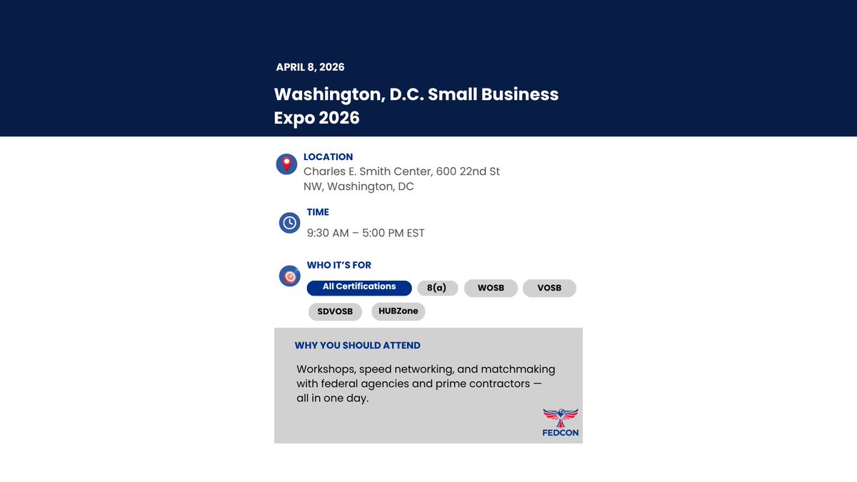 fedcon_us's tweet photo. April has many events for small businesses chasing government contracts — conferences, webinars, and matchmaking sessions you should know about.

Which one of these will you be at?

#GovCon #SmallBusiness #FederalContracts #FEDCON https://t.co/Y7gGDDdWR3