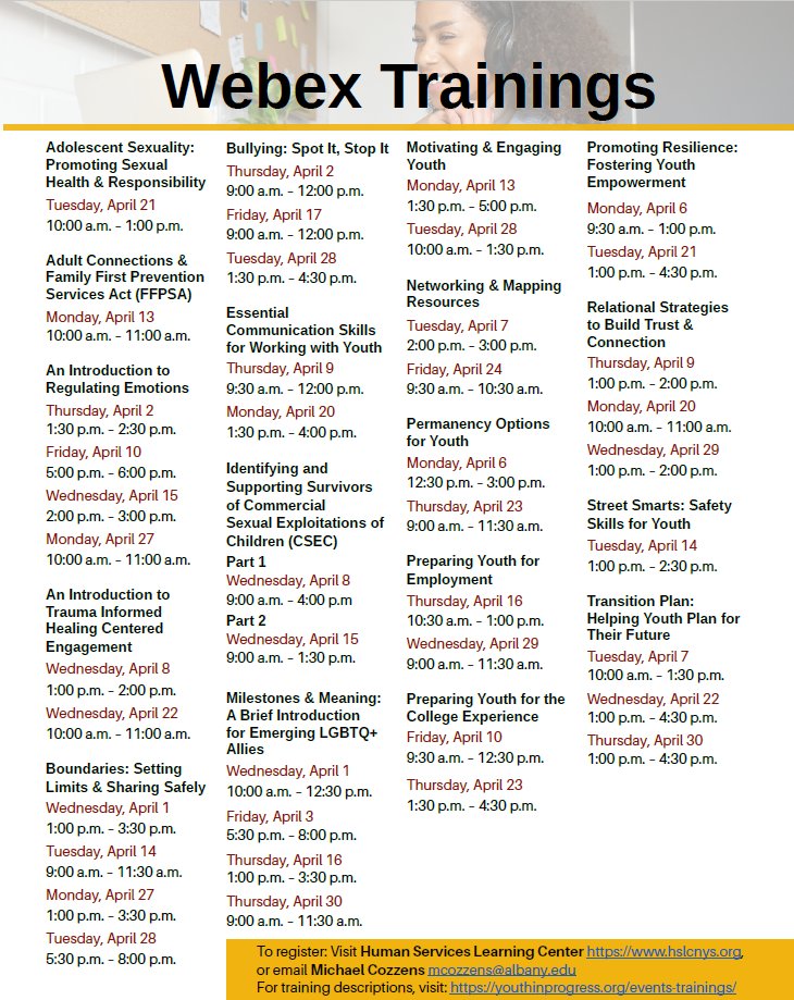 YIPNewYork's tweet image. Youth In Progress offers April online courses on communication, bullying, emotions, employment, networking, college, trust &amp;amp; more. Visit our trainings page! youthinprogress.org/events-trainin… #YouthInProgress #YIP #FosterCare #onlinelearning #webex