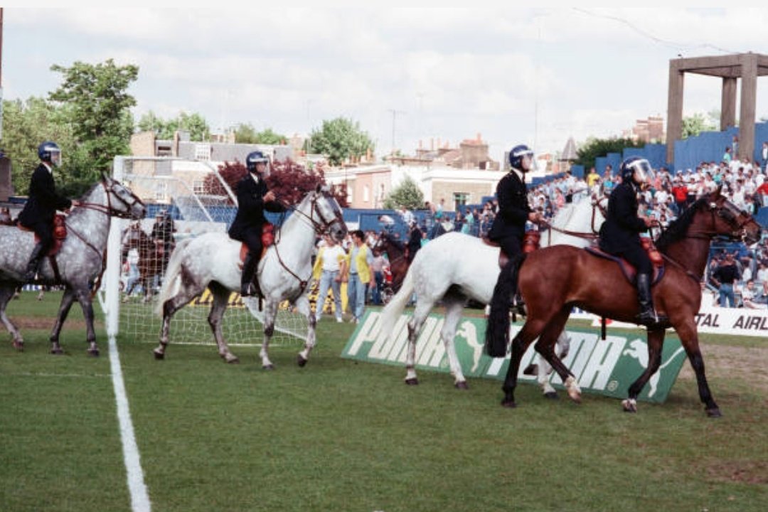 footballmemorys's tweet image. Police Horses called into action after the 2nd Division Play-off Final between Chelsea and Middlesbrough at Stamford Bridge back in 1988

 #CFC #Chelsea #Blues #MFC #Boro #Middlesbrough #Police #Horses