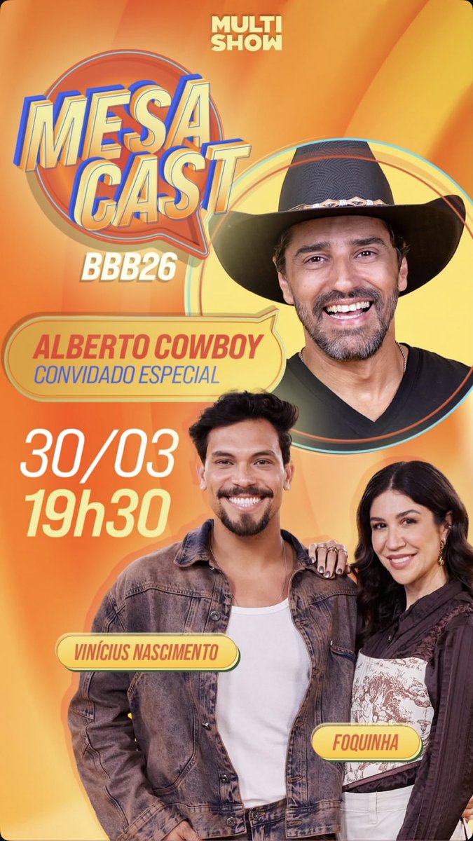 Alô, cowboyzada! 🤠 Hoje nosso convidado especial é o <a href="/AlbertoCowboy/">Alberto Cowboy 🤠</a>. O que vocês querem que a gente converse com o último eliminado do #BBB26? #MesacastBBB26