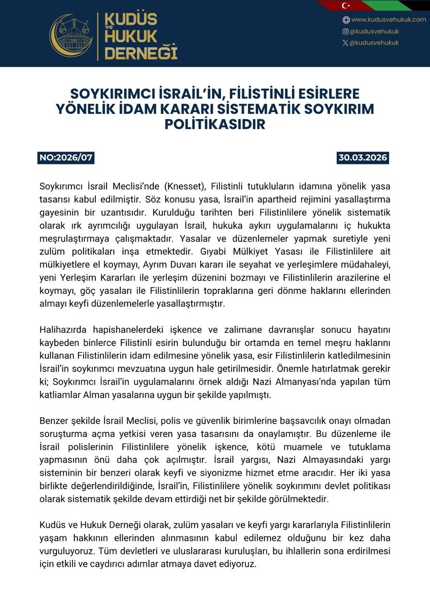 kudusvehukuk's tweet image. Soykırımcı İsrail Meclisi’nde (Knesset), Filistinli tutukluların idamına yönelik yasa tasarısı kabul edilmiştir. 
Söz konusu yasa(!), İsrail’in apartheid rejimini yasallaştırma ve soykırım politikasının bir uzantısıdır. 

kudusvehukuk.com

#Palestine 
#Genocide