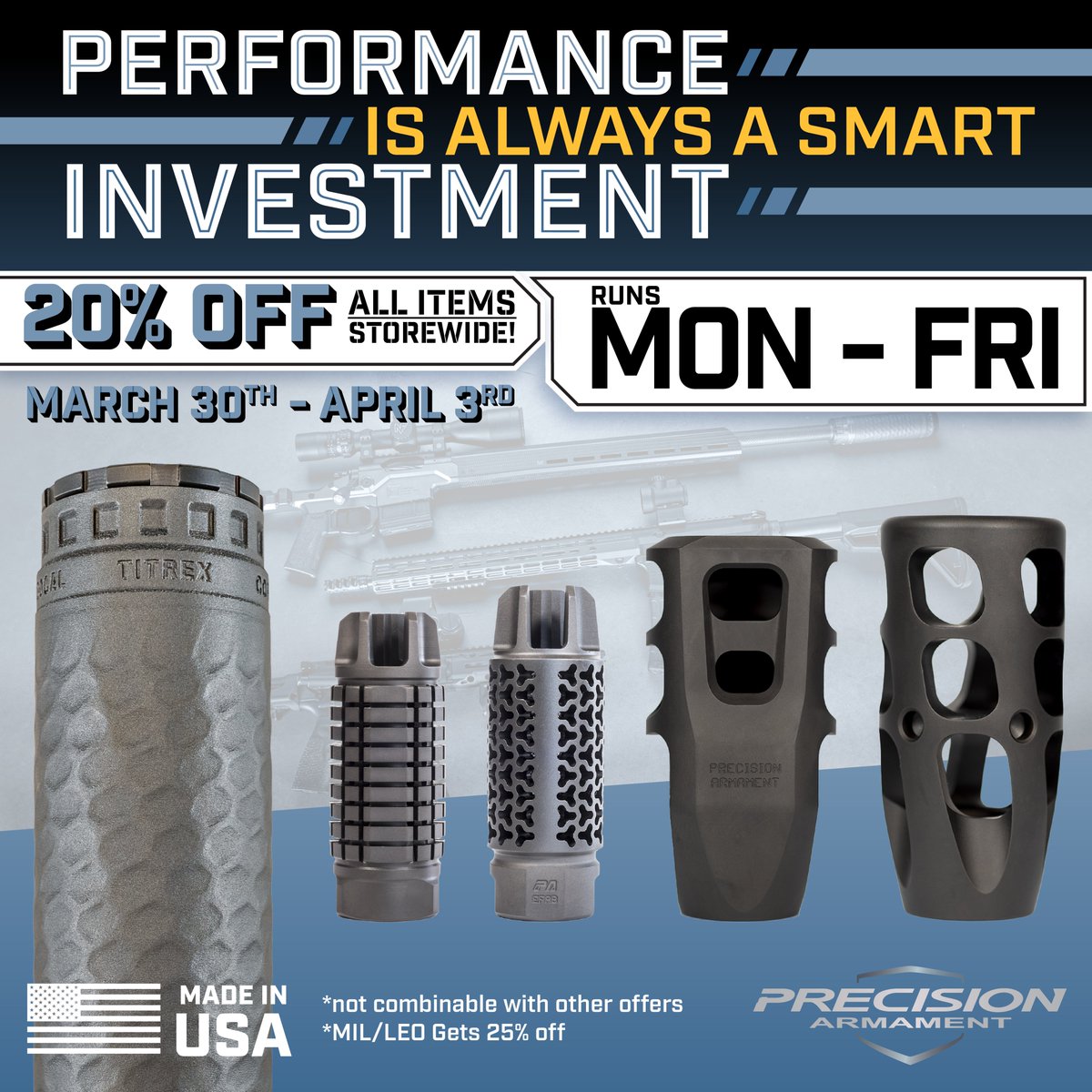 PrecisionArms's tweet photo. 🏁SALE IS ON🏁
➡️20% OFF ALL ITEMS⬅️
📅TODAY UNTIL FRIDAY📅
📢300Ti now Available in FDE and OG GREEN📢
300SD Inconel BACK IN STOCK!!!!!!!
🚚FREE SHIPPING $99+🚚
#precisionarmament #titrex #firearmaccessories #hypertap #suppressedsound https://t.co/ab5oC8rKIY