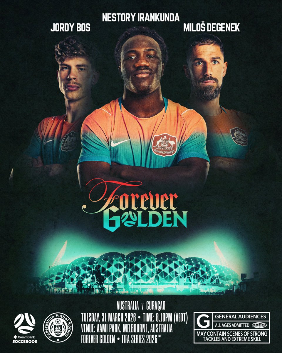 Socceroos's tweet image. MATCHDAY IN MELBOURNE! 👏

Your last chance to farewell the CommBank #Socceroos on home soil before the #FIFAWorldCup 💪

🆚 Curaçao 🇨🇼
⏰: 8:10pm AEDT
🏟️: AAMI Park
🎟️: Tickets: bit.ly/AUSvCUW-Tickets
📱💻📺: 10, 10 Drama, Paramount+

#Melbourne #AUSvCUW