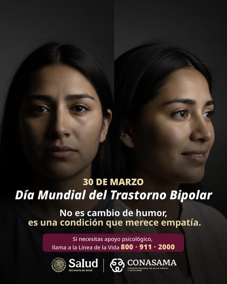 30 de marzo | Día Mundial del Trastorno Bipolar
El trastorno bipolar afecta a más de 45 millones de personas en el mundo. No es un estado de ánimo cambiante. Es una condición neurológica real que merece atención, comprensión y acompañamiento.
 #CONASAMA #SALUDMENTAL