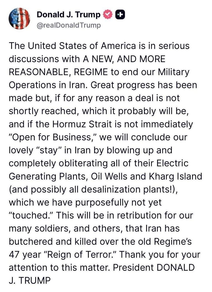 Una lista satánica de crímenes por parte del presidente de EE. UU.:
Volar todas las centrales eléctricas, los pozos petroleros, la isla de Kharg y las plantas desalinizadoras en Irán.
<a href="/IntlCrimCourt/">Int'l Criminal Court</a> 
#EjeAgresorEpsteiniano