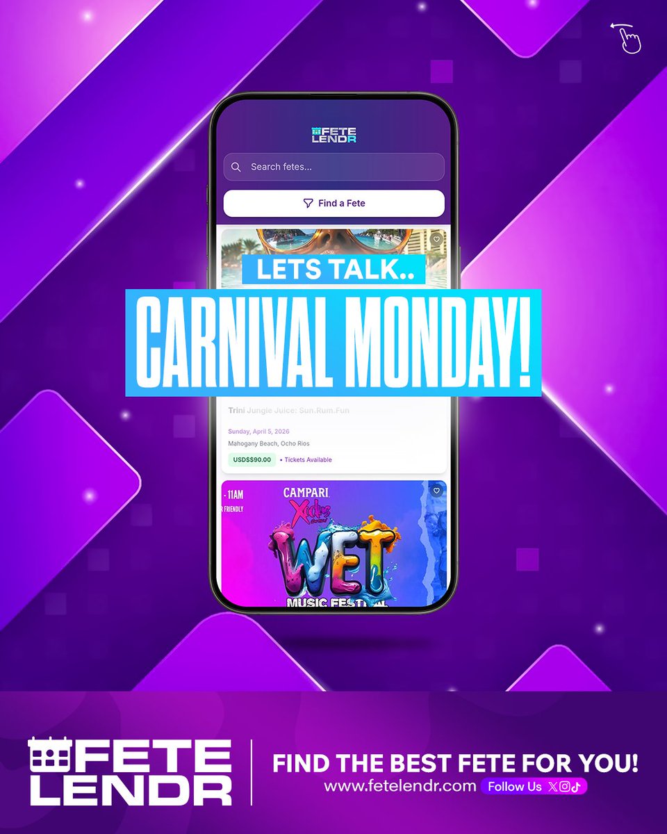 FeteLendr's tweet photo. 𝗟𝗲𝘁'𝘀 𝘁𝗮𝗹𝗸 𝗮𝗯𝗼𝘂𝘁 𝗶𝘁! Carnival Monday! 🇯🇲
Xodus Carnival:  WET Music Festival
ANTHEMS by I Love Soca. 
#CarnivalInJamaica2026 #CarnivalInJamaica

Find more fetes in Jamaica.
https://t.co/jAIcVZhDmt https://t.co/Np8itOB5Dq