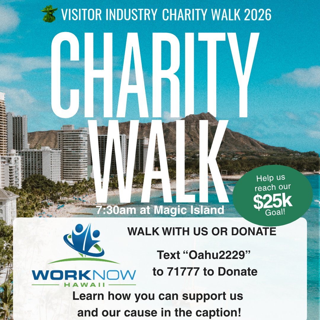 WorkNowHawaii's tweet photo. Help us meet our goal to raise $25,000 for our mission with the 2026 Visitor Industry Charity Walk! Text "Oahu2229" to 71777 to donate, or visit: https://t.co/TJ9t0Rcjzj
#HLTACharityWalk #WorkNowHawaii #DisabilityEmployment #WalkForACause https://t.co/m5if8s5xl5