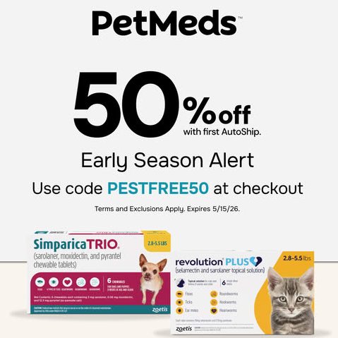 MomsWhoSave's tweet image. PetMeds #Deal on Flea &amp;amp; Tick Medications! 🥳

Get 50% OFF your first AutoShip with code: PESTFREE50 at checkout! 

GO ➡️➡️ fave.co/48bOwCj

#pets #deals