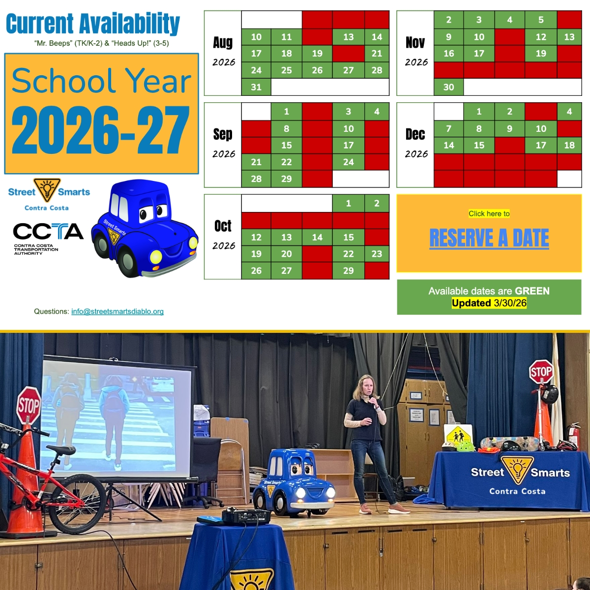 StreetSmartsCC's tweet photo. FREE SAFETY ASSEMBLIES: Let the Street Smarts team bring our *free* Mr. Beeps and Heads Up safety assemblies to your elementary school! Reserve an assembly for fall 2026. Dates available starting in August: https://t.co/8vLpOvAydg. https://t.co/1gYz7pECsA