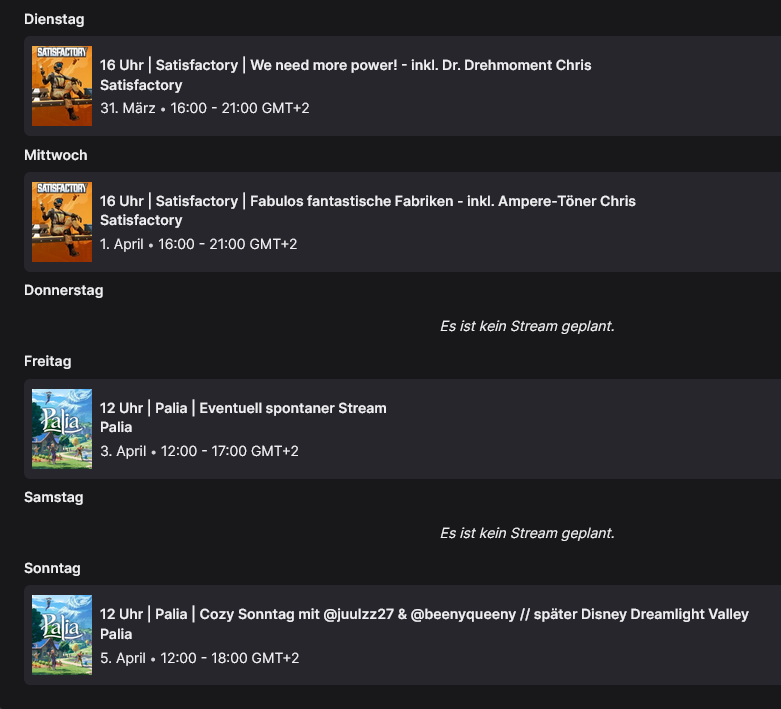 HulkHightower's tweet photo. Hallöchen ihr Lieben, habt eine entspannte Woche &amp; ich wünsch euch schon mal schöne Ostern. Gönnt euch ordentlich etwas.😋♥️ #twitchtv #satisfactory #palia #ddv - https://t.co/yKaXeqjlso 
🍔Streamplan für diese Woche (30.03.-05.04.):🍔 https://t.co/5iBMlaQn1D