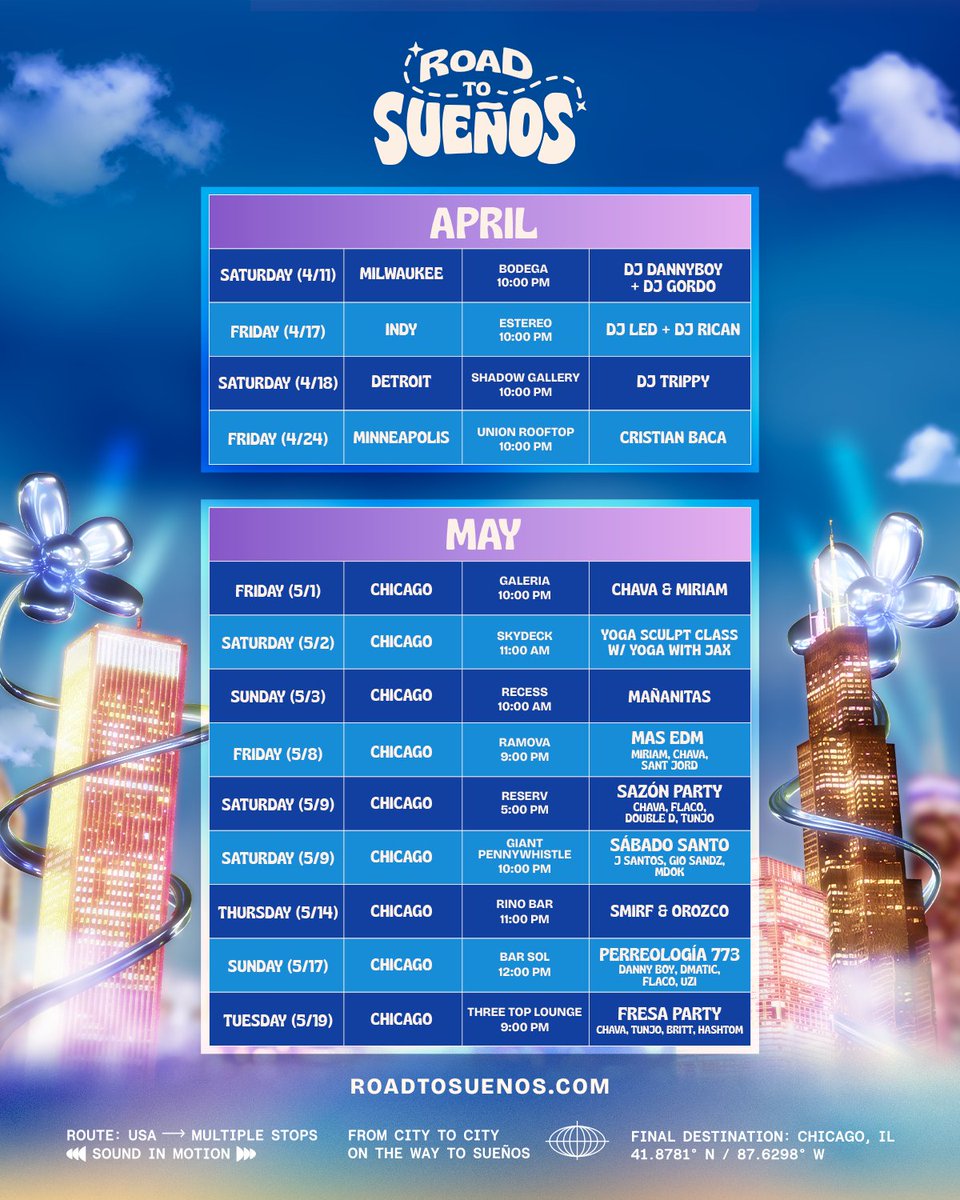 The road to Sueños starts here 🔊

We’re pulling up across the Midwest pa' calentar motores before we take over el parque 🔥

Tickets go on sale this Wednesday, April 1st @ 10am CT 🍃

RSVP para tu ciudad at roadtosuenos.com 🫱🏽‍🫲🏼