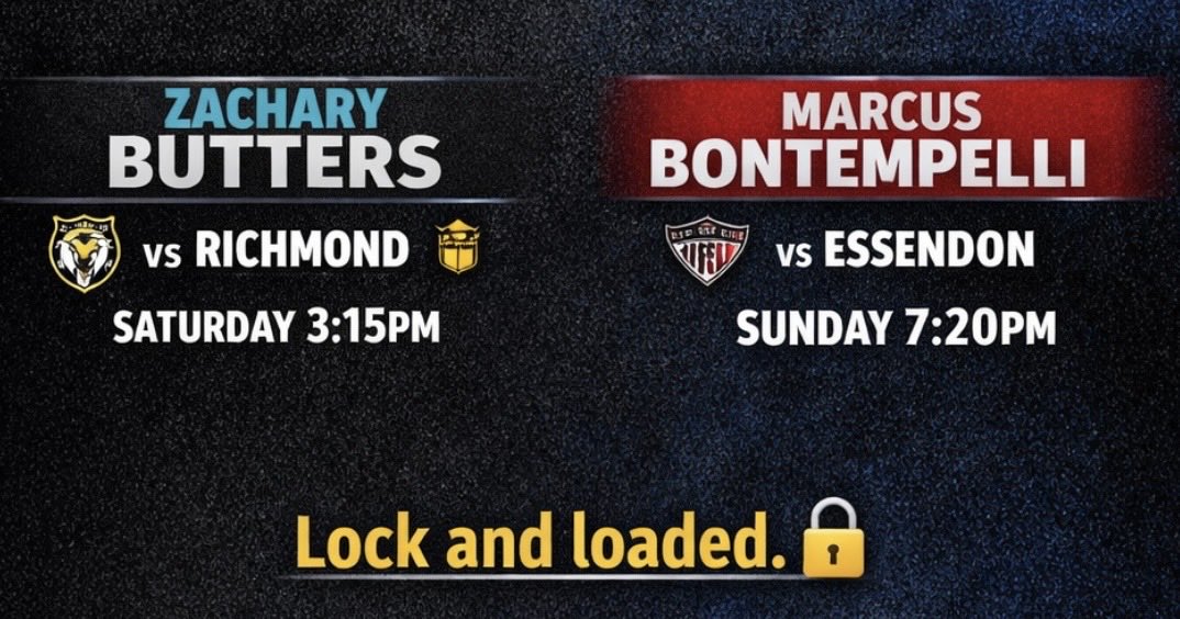 I’m keeping it simple this week.
Who’s on your VC/C radar?

Zachary Butters
🆚 Richmond
🕒 Saturday 3:15pm

Marcus Bontempelli
🆚 Essendon
🕒 Sunday 7:20pm

Locked and loaded. 🔒

#AFLSC360 #supercoach