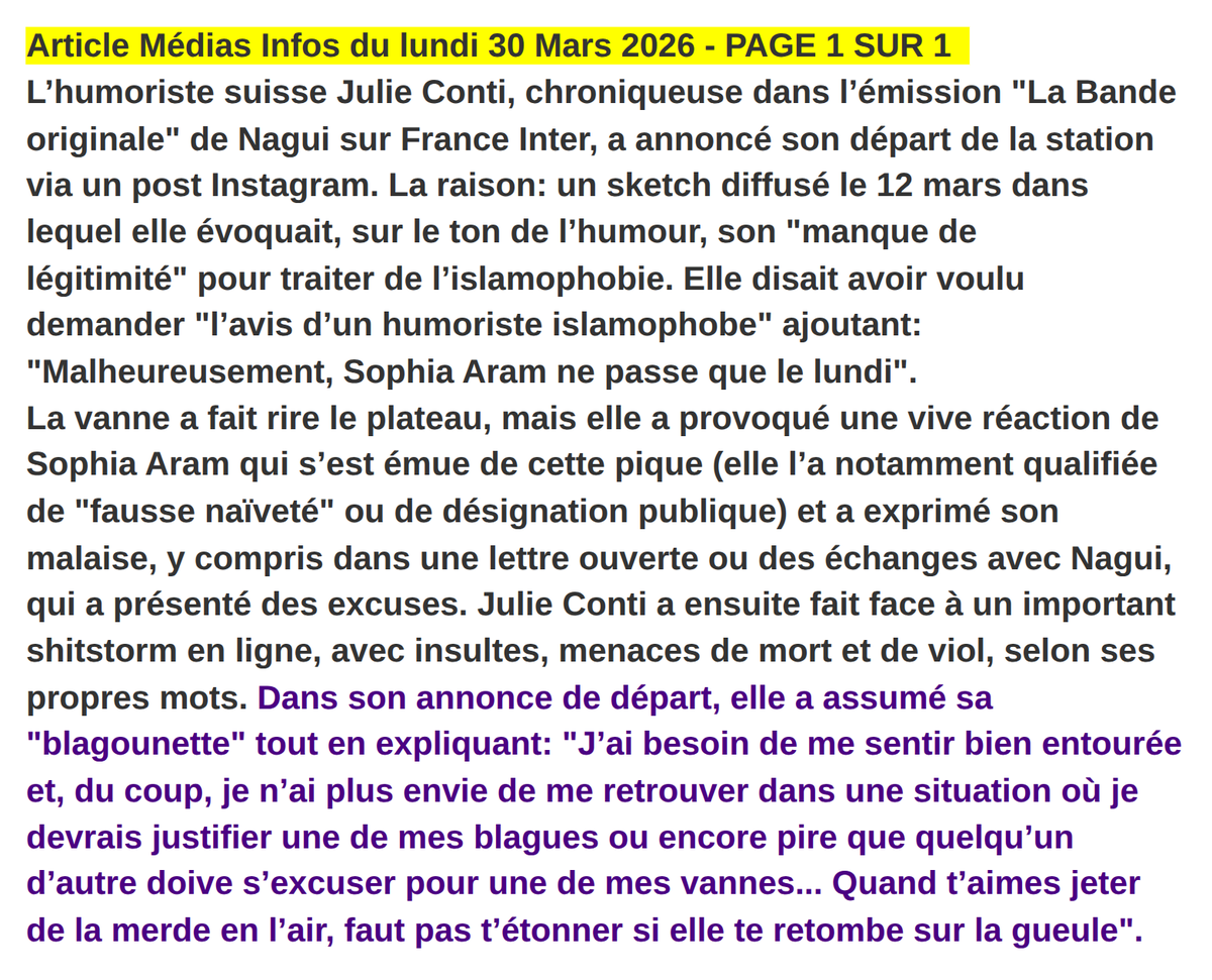 Mediasinfos's tweet photo. Suite à sa "blagounette" sur @SophiaAram, l’humoriste suisse #JulieConti (chroniqueuse dans #LaBandeOriginale de @Nagui sur #FranceInter) a annoncé son départ de la station. Retrouvez notre article ci-dessous. https://t.co/qxjnlNYeUW