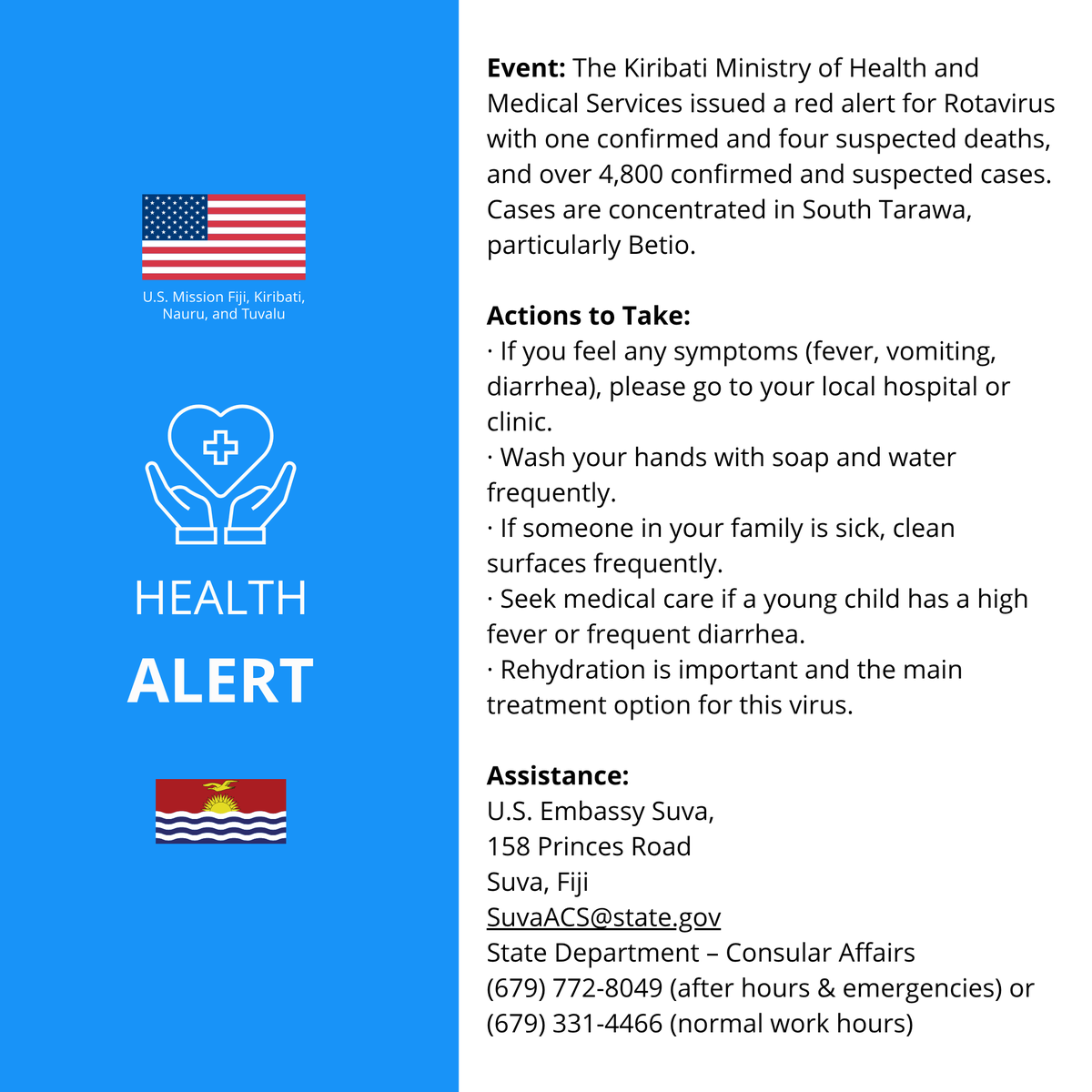 📣🇰🇮 Kiribati's Ministry of Health and Medical Services issued a red alert for Rotavirus with one confirmed and four suspected deaths, and over 4,800 confirmed and suspected cases.  Cases are concentrated in South Tarawa, particularly Betio.

If you experience fever, vomiting, or