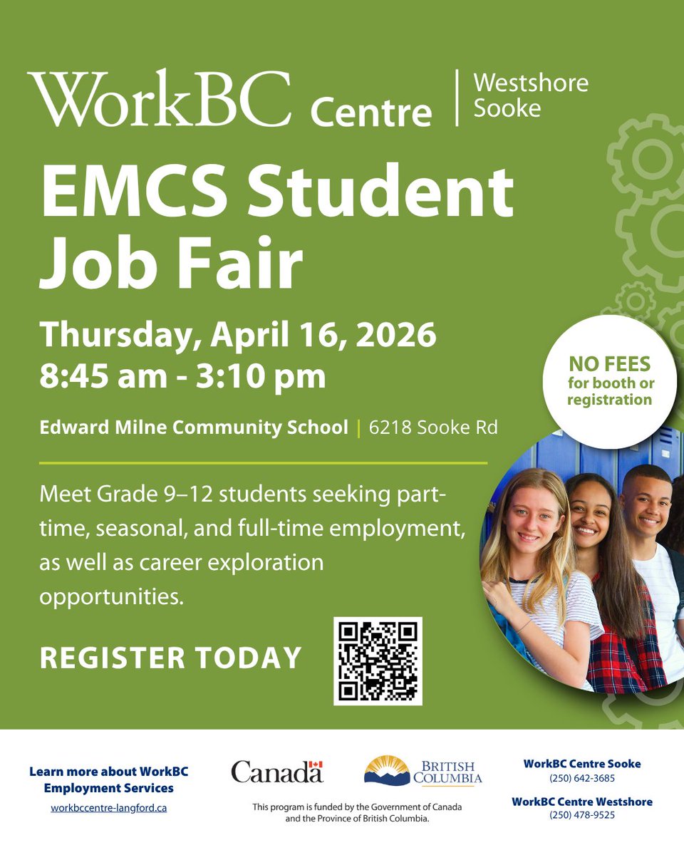 WorkBCWestshore's tweet photo. Sooke employers 👇
Looking for your next hire? Start local.

Join the EMCS Student Job Fair and meet students ready to work and grow with your business.

📅 April 16 | 8:45 AM – 3:10 PM
📍 Edward Milne Community School

Register today:
https://t.co/Z2g8ffuMoR https://t.co/KNe7BJgu1H