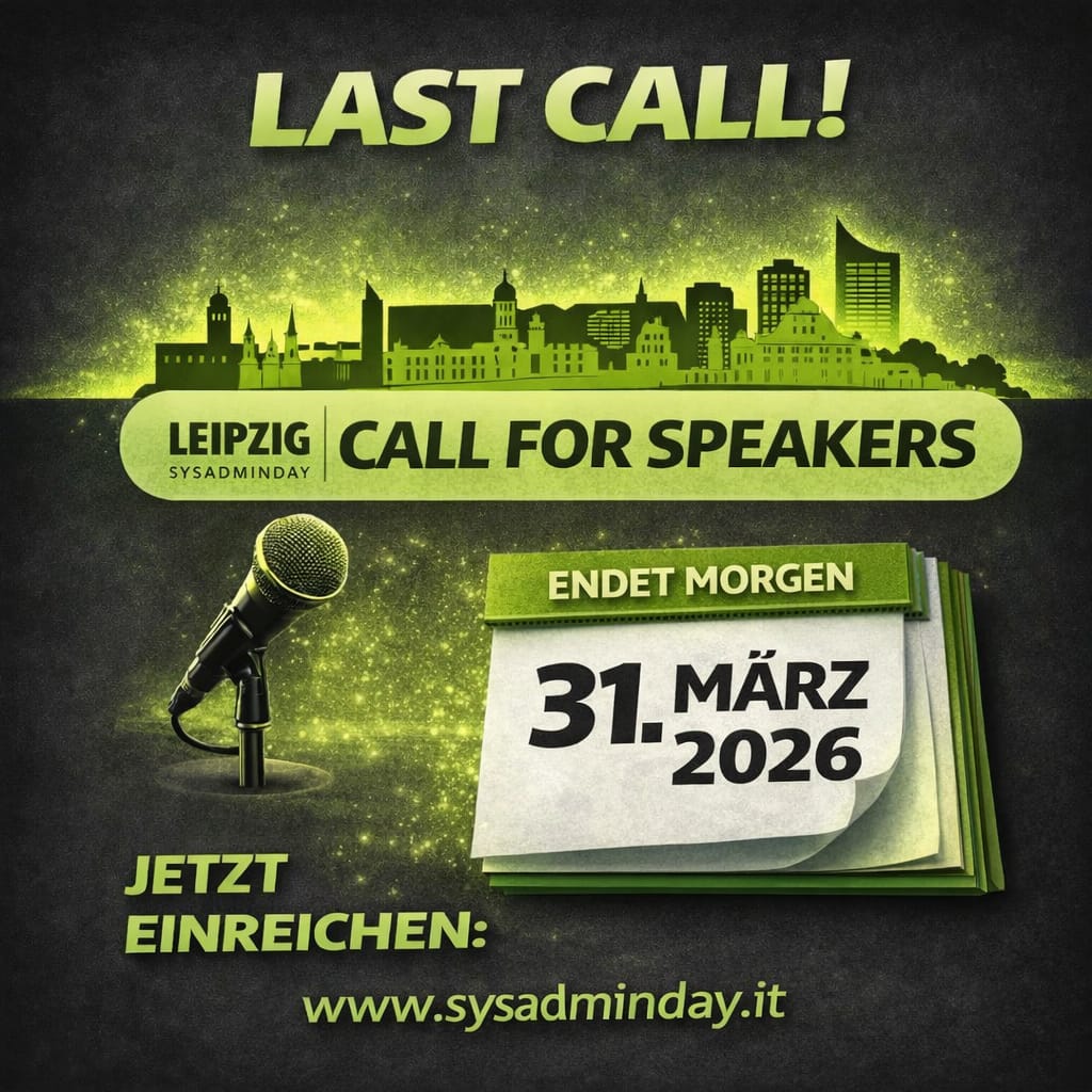 SysAdmDayLpz's tweet photo. Weniger als 24 Stunden verbleiben, um eine #Session fรผr den diesjรคhrigen #SysAdminDay in Leipzig einzureichen. Also, wer das noch nicht getan hat, aber gerne als Speaker dabei sein mag - auf geht's!
>> https://t.co/GGLhcwyEk7 <<
#CommunityRocks #SADLPZ #CallForSpeakers https://t.co/Nd5gcwUOPK