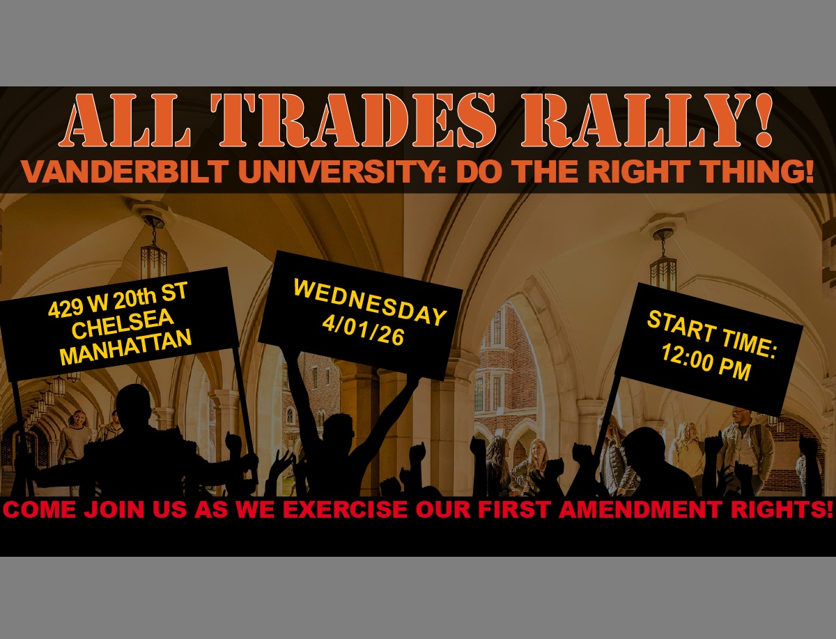 UALocal1's tweet photo. ALL TRADES RALLY — WEDNESDAY, 4/1/2026 @ 12PM - 440 W 21st St
Vanderbilt must do the right thing and use trained, qualified union workers to build their NYC campus. The Building Trades are standing together to demand this project moves forward with the workforce it deserves. https://t.co/5tIrQ9Q407