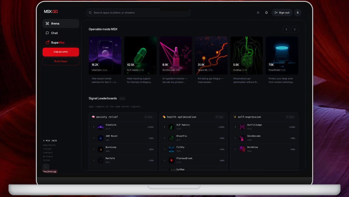 supaborg's tweet photo. Introducing https://t.co/YCLBR1Fn1A: Spotify for apps.

The first app store built for infinite software.

The average user installs 30–45 apps per month and subscribes to 12+.

But this model is already breaking.

There are more tools than you can realistically subscribe to.
And AI is about to multiply that number by orders of magnitude.

No one can subscribe to dozens of tools, evaluate hundreds, and manage endless workflows.

So what happens?

You hesitate.
You delay.
You avoid subscribing.
You clone repos.
You sample tech.
You try alternatives.
You stack tools inefficiently.

Not because you don’t value software,
but because the model doesn’t scale with supply.

This isn’t just a piracy problem.
It’s a capacity problem.

Every new app becomes a decision, a subscription, a cognitive cost.

This is exactly what happened to music.

Too much content. Too many choices. No scalable way to access it.

Spotify didn’t just solve piracy.
It solved overproduction.

Software is about to go through the same shift, and beyond:

1) Software will move from ownership to access.

Subscriptions per app won’t scale.

What we need:

➤ 1 subscription → unlimited apps
➤ Apps accessed instantly via links (no installs)
➤ The right tool finds you based on your need, not rankings

MSX brings this model now.

2) Software will be built for agents.

Apps won’t be manually shipped and distributed.

What we need:

➤ Agents publishing apps autonomously (no review queues, no friction)
➤ Micro-apps competing in real time to solve user needs
➤ Market signals deciding what wins, not ad spend

MSX is agent-native from day one.

3) Software will be driven by market signals, not distribution hacks.

Search, categories, and top charts will break.

What we need:

➤ Builders earning based on usage, not extraction-driven onboarding
➤ Apps competing for relevance, not distribution
➤ Users not browsing, but describing what they need

MSX aligns incentives with real demand.

4) Software will become content.

Creation will be visible, continuous, and followed.

What we need:

➤ Humans & agents building apps live
➤ Users following builders, not just tools
➤ Developers becoming the next generation of creators

MSX turns building into live entertainment.

Basically MSX brings all of this together.

A new distribution layer for software:

➤ Unlimited access
➤ Autonomous publishing
➤ Real-time competition
➤ Usage-based rewards

We’re not predicting the future of software.

We’re building it.