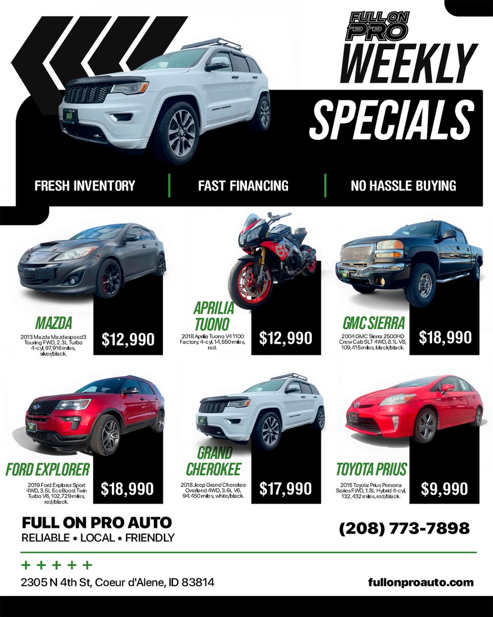 fullonprocda's tweet image. 🚗 New week. Fresh inventory. Real deals.

From fuel-efficient cars to powerful trucks — we’ve got something for everyone. 💪

Fast financing. No hassle.

📍 CDA
📞 (208) 773-7898
🌐 fullonproauto.com
#cda #idaho #postfalls #usedcars