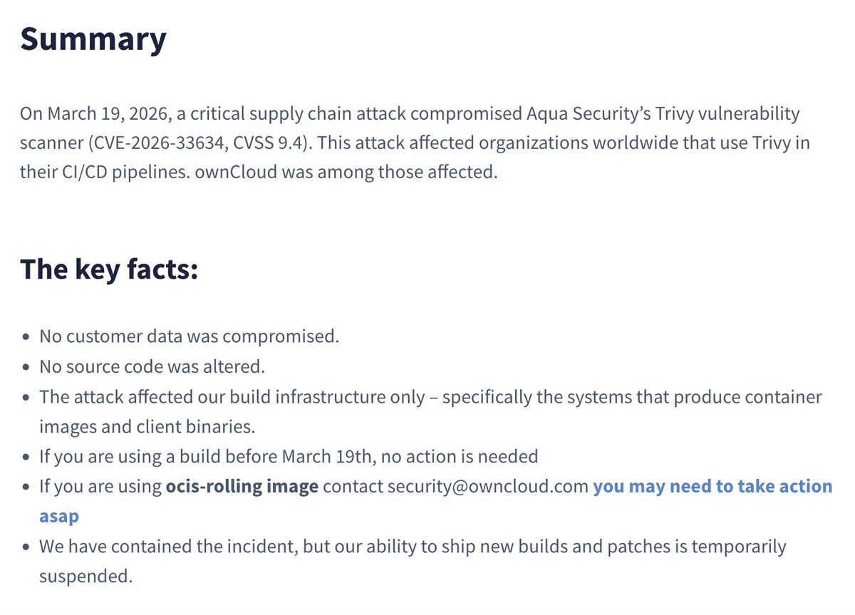 ramimacisabird's tweet photo. 📰Today in TeamPCP:

1. TeamPCP appears to have gone on a mole hunt and done some infighting
2. Aqua published their post-mortem 
3. (I saw) ownCloud published a note on major impact from the Trivy incident
4. I've analyzed blast radius on LiteLLM (120k) and Telnyx (750) https://t.co/4x2M9XZ59Q