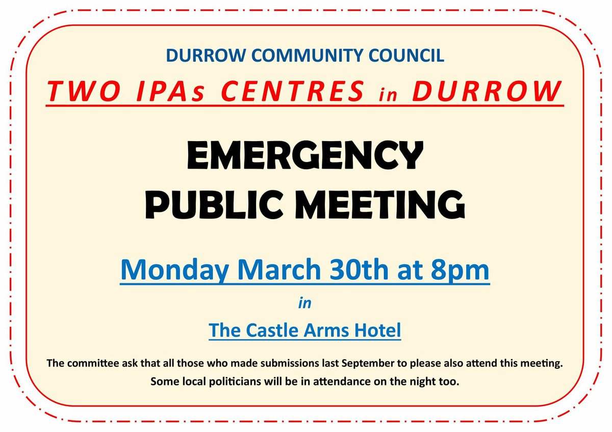 Just on my way home from an emergency public meeting in Durrow, Co. Laois. There was a huge crowd in the room who are preparing to submit objections to An Coimisiún Pleanála against 2 IPAS centres going into the centre of the town.   

Unbelievably Laois County Council GRANTED