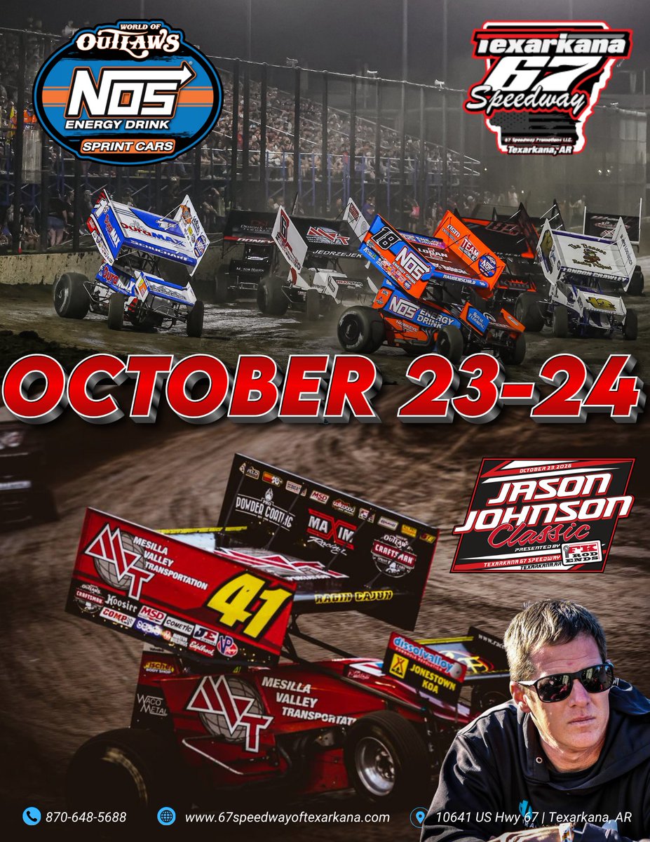 Texarkana67's tweet photo. SAVE THE DATE AND GET YOUR TICKETS EARLY!! Our biggest event to date will be held on October 23-24, 2026, as we honor the great Jason Johnson.
Buy your tickets today! https://t.co/qSQkajBYiB...
@JJR41Updates @WorldofOutlaws @mpvexpress https://t.co/yhy8yMw7Hy